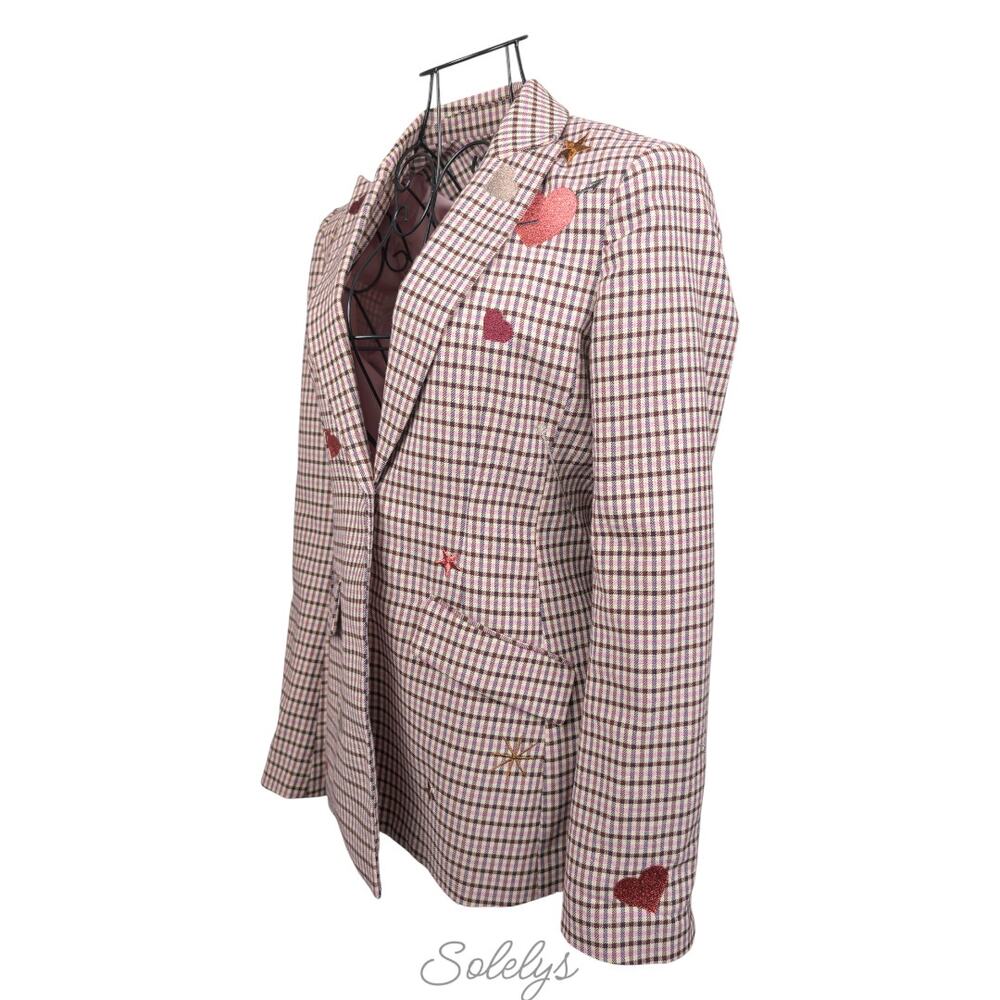 Cinq à Sept Estelle Check Plaid Pink Embroidered Metallic Single Button Blazer 0 - Picture 3 of 13
